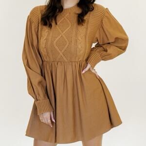 Lalavon Size S Brown Puff Sleeve Cable Knit Sweater Dress Preppy